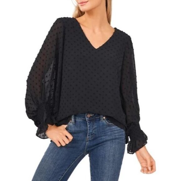 Vince Camuto Swiss Dot Blouse XS Black Smocked-Cuff Sleeves Sheer Feminine NWT - Picture 1 of 10